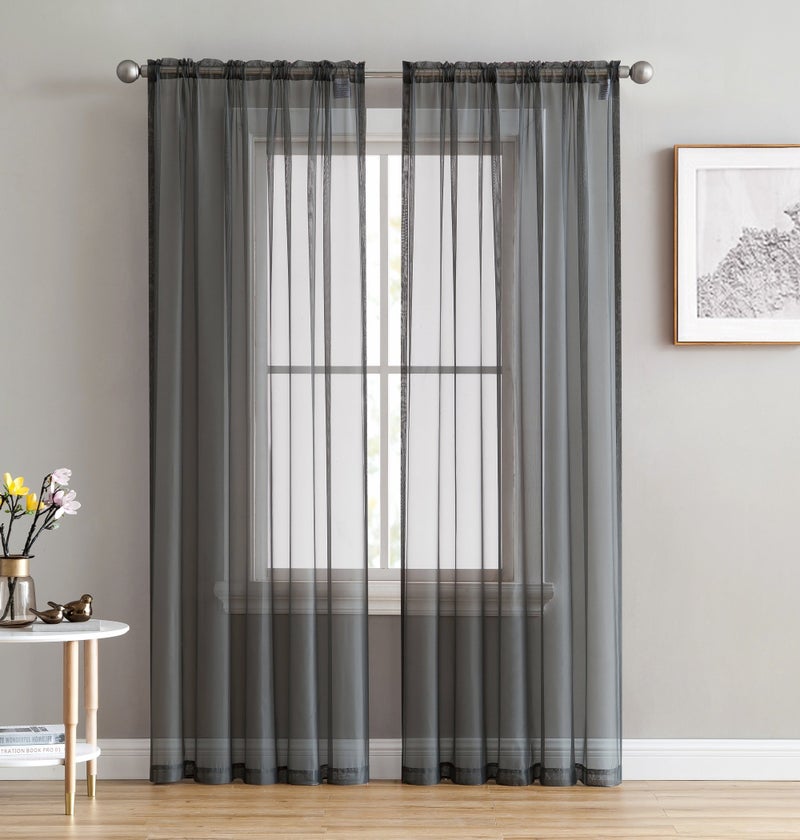 HLC.ME Charcoal Grey Sheer Voile Window Treatment Rod Pocket Curtain Panels for Bedroom, Kitchen, and Living Room (54 x 72 inches Long, Set of 2) - Image 1